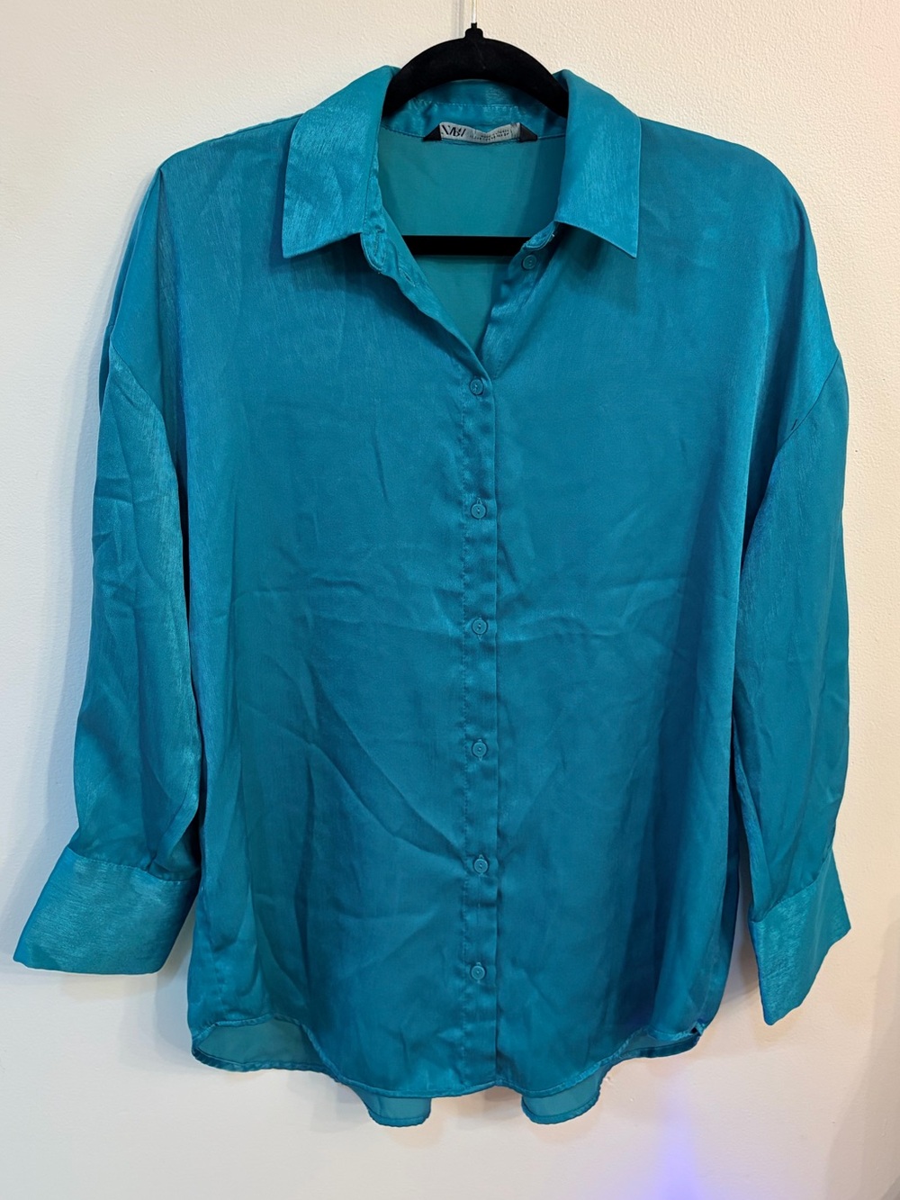 Zara Teal Button-Down Silk-Look Blouse